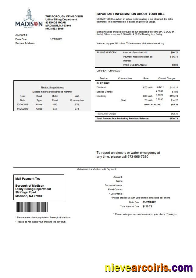 USA New Jersey The Borough of Madison utility bill